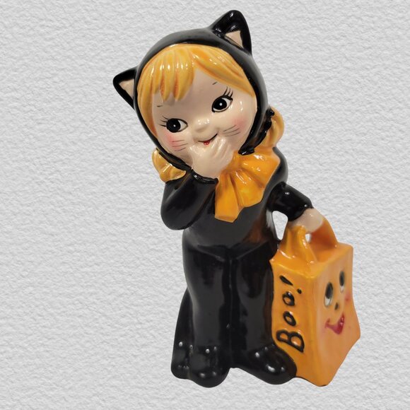 Lefton Other - Vintage Lefton Halloween Black Cat Costume Girl Figurine with Treat Bag – Korea